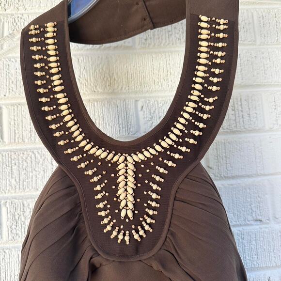 Max & Cleo Brown Silk Halter Beaded  Bib Dress - Picture 3 of 4